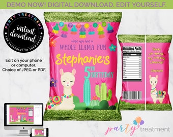Llama Chip Bag, Llama Favor Bag, Pink Llama Party Bag, Llama Birthday, Llama Party Favor, INSTANT DOWNLOAD, Editable