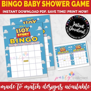 Puede incluir: Un juego de bingo de baby shower imprimible con un esquema de color azul y amarillo. El juego presenta un tema de "Boy Story" con una imagen de dibujos animados de un cohete y nubes. El texto "It's a Boy Story Bingo" est&aacute; impreso en rojo y blanco. El juego est&aacute; dise&ntilde;ado para jugarse con regalos. Los jugadores marcan las casillas a medida que se abren los regalos. Cinco en fila gana.