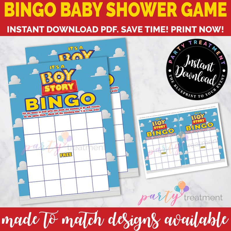 Puede incluir: Un juego de bingo de baby shower imprimible con un esquema de color azul y amarillo. El juego presenta un tema de "Boy Story" con una imagen de dibujos animados de un cohete y nubes. El texto "It's a Boy Story Bingo" est&aacute; impreso en rojo y blanco. El juego est&aacute; dise&ntilde;ado para jugarse con regalos. Los jugadores marcan las casillas a medida que se abren los regalos. Cinco en fila gana.