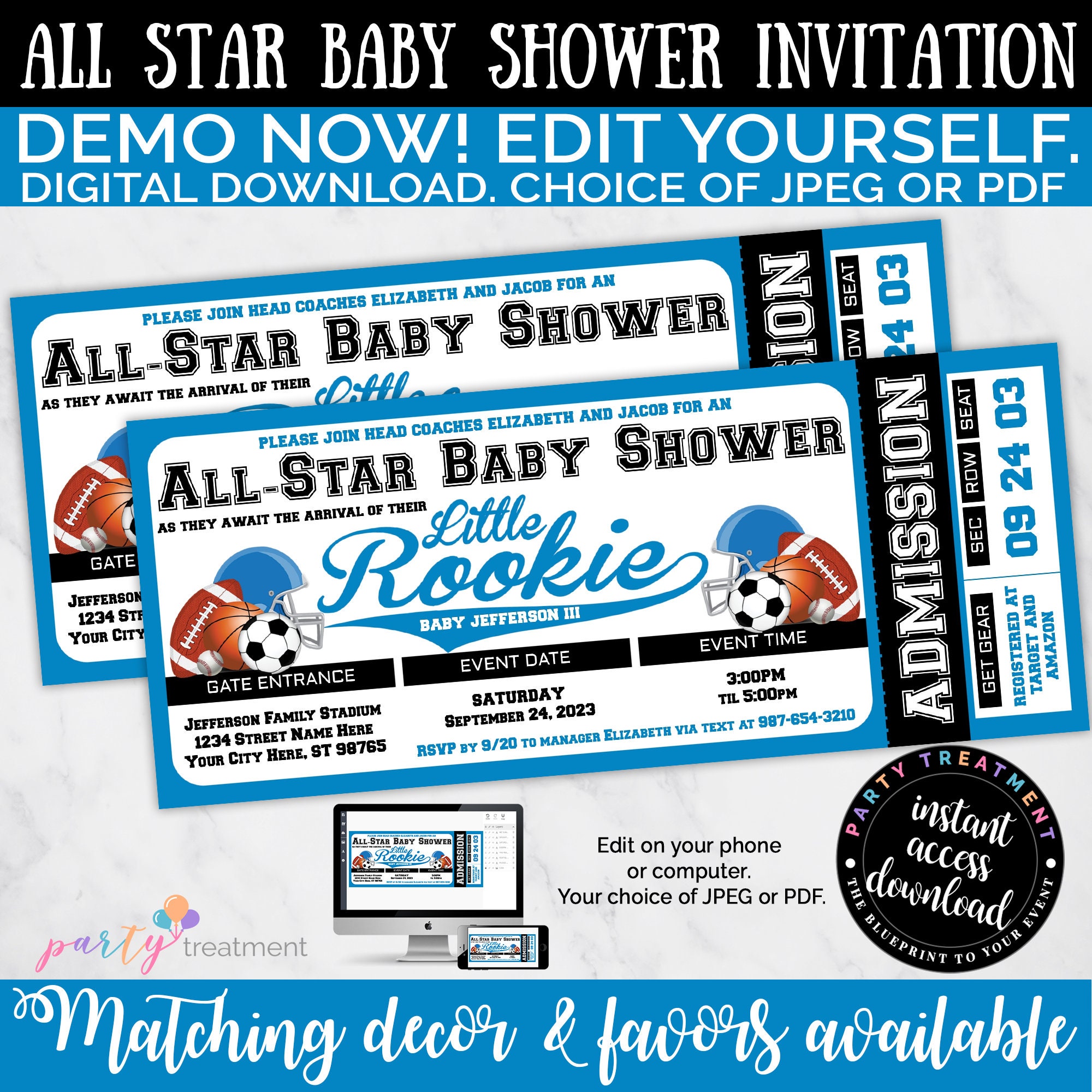 All Star Baseball Ticket Baby Shower Invitations