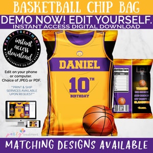 Basketball Chip Bag, Basketball favor bag, Basketball Birthday, Basketball Party Favor, Purple and Gold Digital Template, INSTANT DOWNLOAD