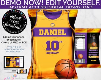 Basketball Chip Bag, Basketball favor bag, Basketball Birthday, Basketball Party Favor, Purple and Gold Digital Template, INSTANT DOWNLOAD