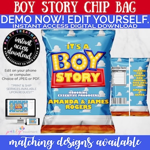 Boy Story Chip Bag Favor Bag Gift Bag, boy story baby shower, es una historia de niño, regalo de baby shower, DESCARGA INSTANTÁNEA imagen 1