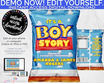 Boy Story Chip Bag Favor Bag Gift Bag, boy story baby shower, es una historia de niño, regalo de baby shower, DESCARGA INSTANTÁNEA