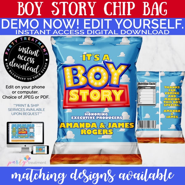 Boy Story Chip Bag Favor Bag Gift Bag, boy story baby shower, it's a boy story, baby shower gift, INSTANT DOWNLOAD