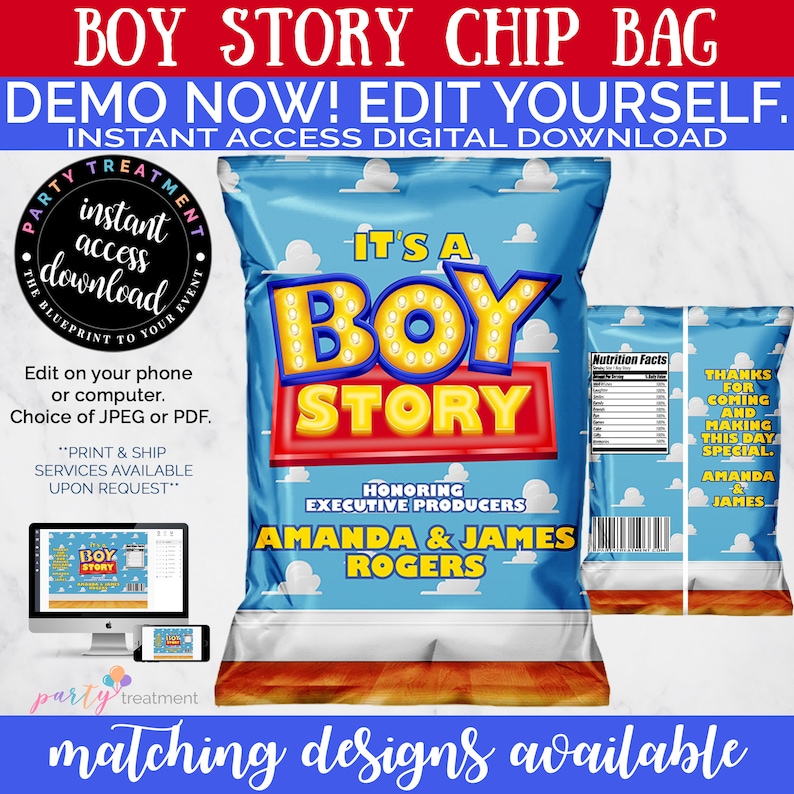 Boy Story Chip Bag Favor Bag Gift Bag, boy story baby shower, es una historia de niño, regalo de baby shower, DESCARGA INSTANTÁNEA imagen 1