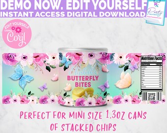 Butterfly Chip Can Label, Butterfly Birthday Editable Party Favor wrapper, Butterfly Party favor stacked chips wrapper, INSTANT DOWNLOAD