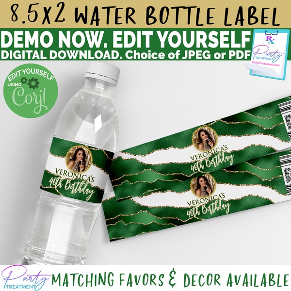 Editable Emerald Green and Gold Water bottle label, Photo Water label, Birthday Water label, Agate Party decoration  INSTANT DOWNLOAD
