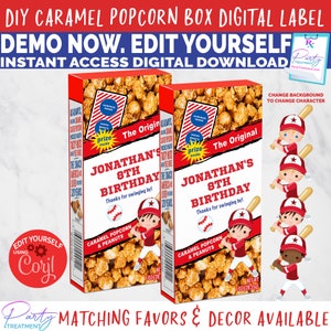 Karamell-Popcorn-Baseball-Etikett, Geburtstags-Baseball-Popcorn-Gastgeschenk, Kinder-Baseball-Party-Popcorn-Favorit, bearbeitbarer INSTANT DOWNLOAD