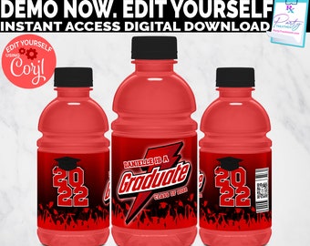 Red Graduate Sports Drink Label, Graduation Juice Label, Graduation Party Favors, Editable INSTANT DOWNLOAD