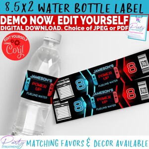 May include: Printable water bottle label featuring a Nintendo Switch controller design with the text "Jameson's Power Up Fueling Water" in red and blue. The label also includes the number "8" in a blue and black circle.
