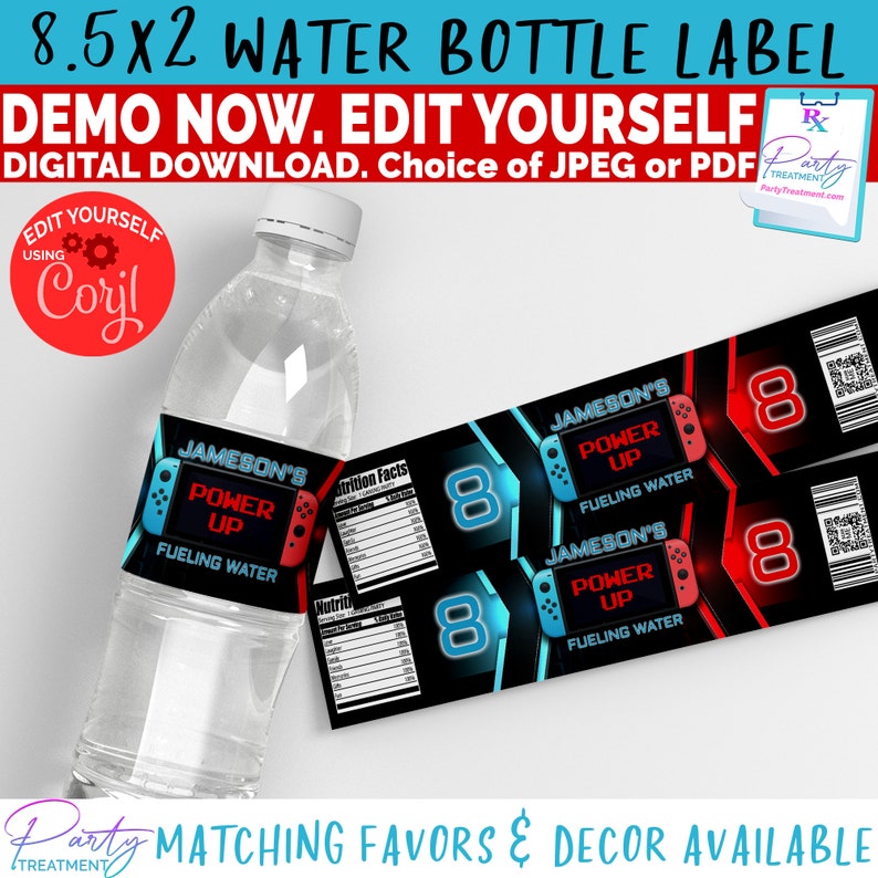 May include: Printable water bottle label featuring a Nintendo Switch controller design with the text "Jameson's Power Up Fueling Water" in red and blue. The label also includes the number "8" in a blue and black circle.