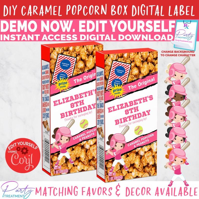 Caramel Popcorn Softball label, Birthday Softball popcorn party favor, Girl Baseball party popcorn favor, Editable INSTANT DOWNLOAD image 1