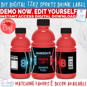 May include: Three red 12-ounce sports drink bottles with labels featuring a gaming theme. The center label has a blue and red neon design with the text "JAMESON'S POWER UP GAMING FUEL". The left label has a blue neon design with the number "8" and the right label has a red neon design with the number "8".