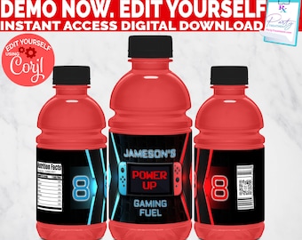 Etiqueta de bebida deportiva de videojuego: recuerdo editable para fiesta gamer (descarga digital)