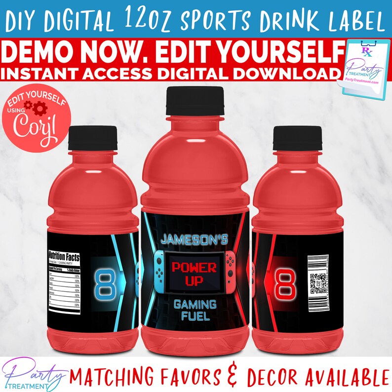 May include: Three red 12-ounce sports drink bottles with labels featuring a gaming theme. The center label has a blue and red neon design with the text "JAMESON'S POWER UP GAMING FUEL". The left label has a blue neon design with the number "8" and the right label has a red neon design with the number "8".