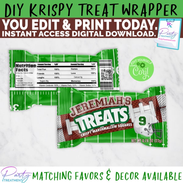 Football Krispy Treat Wrapper Printable, Football Birthday Editable Party Favor wrapper, Football Party, INSTANT DOWNLOAD