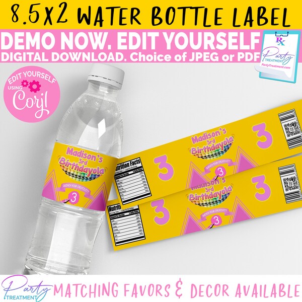Crayon Birthday Water Bottle Label, Pink Crayon Water Bottle Label, Crayon Birthday Party, Art Water Labels INSTANT ACCESS Digital Download