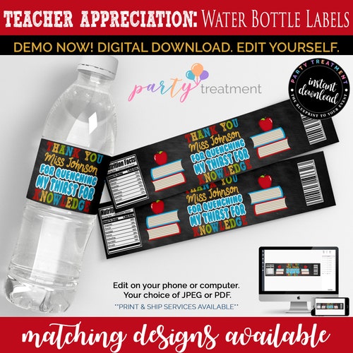 Teacher Appreciation Water Bottle Label Appreciation Week - Etsy