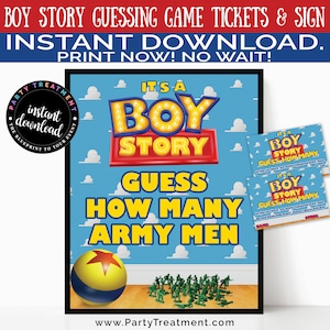 May include: A party game sign and tickets with a "Boy Story" theme. The sign features the text "It's a Boy Story" and "Guess How Many Army Men" with a blue background, a toy ball, and toy army men. Tickets are also included.