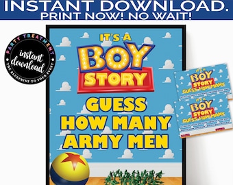 Juego de adivinanzas para baby shower de Boy Story, juego imprimible de "Cuántos hombres hay", signo de "Adivina cuántos" y tarjeta de adivinanzas, descarga instantánea
