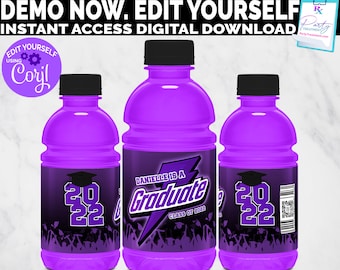 Purple Graduate Sports Drink Label, Graduation Juice Label, Graduation Party Favors, Editable INSTANT DOWNLOAD