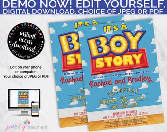 Invitación editable para baby shower de "Es una historia de niño", descarga instantánea editable.