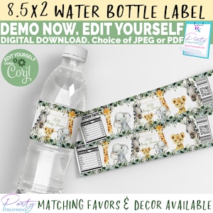 May include: Water bottle label template featuring a jungle theme with a giraffe, zebra, elephant, and lion. The label is decorated with green leaves and gold accents. The text on the label reads "Wild Baby Shower".
