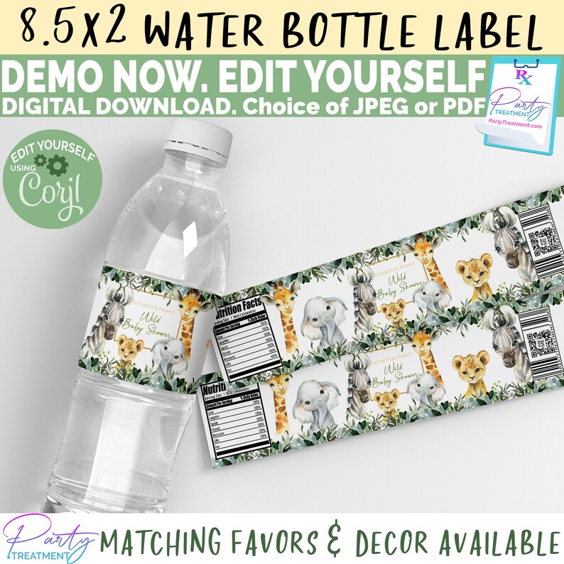 May include: Water bottle label template featuring a jungle theme with a giraffe, zebra, elephant, and lion. The label is decorated with green leaves and gold accents. The text on the label reads "Wild Baby Shower".