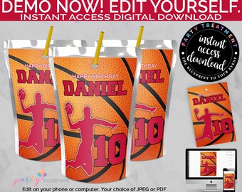 Basketball Juice Label, Basketball Juice Pouch, Basketball Birthday Party, Basketball Party Favors, Editable INSTANT DOWNLOAD