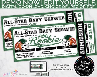 All-Star Sports Baby Shower Ticket Invitation, allstar baby shower, sports, basketball, football, baseball, soccer INSTANT DOWNLOAD