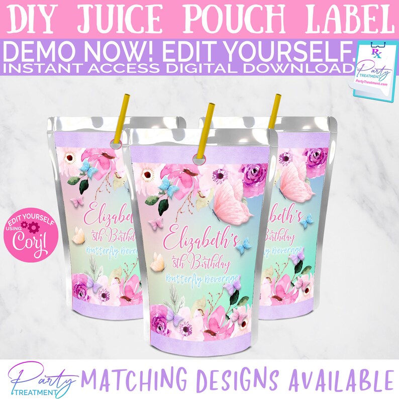 May include: Three juice pouch labels with floral and butterfly designs. The labels feature the text "Elizabeth's 5th Birthday" and "Butterfly Beverage." The labels are decorated with pink, purple, and blue watercolor flowers and butterflies. The top of the labels have a light purple color and a yellow straw.