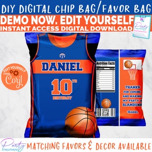 Basketball Chip Bag, Basketball favor bag, Basketball Birthday, Basketball Party Favor, Blue and Orange Digital Template, INSTANT DOWNLOAD image 1