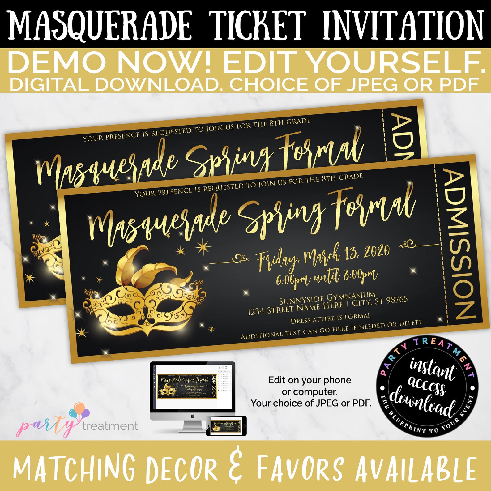 Masquerade Ticket Invitation Gold and Black Masquerade Etsy