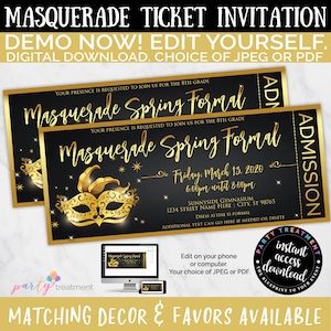 Maskerade Ticket-Einladung, Gold und schwarze Maskerade-Einladung, formelle Einladung zur Schule, Maskerade-Party INSTANT DOWNLOAD