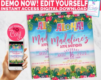 Aloha Birthday Invitation, Luau Birthday Invitation, Summer Birthday Invitation, Tropical Birthday, Editable Invitation, INSTANT DOWNLOAD