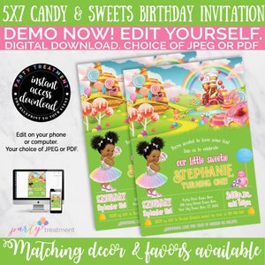 Candyland Invitation, Candy Birthday Invitation, African American Curly Afro Candy Girl, Candy land Invitation, EDITABLE, INSTANT DOWNLOAD