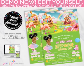 Candyland Birthday Invitation: African American Girl, Editable (Digital Download)