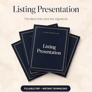 May include: A dark blue listing presentation document with gold border lines and white text that reads THE SOLD STANDARD, Listing Presentation, The deck that wins the signature, and FILLABLE PDF INSTANT DOWNLOAD on a light beige background.