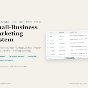 May include: A digital download for a Small-Business Marketing System compatible with Excel, Google Sheets, and Notion. It includes a content calendar, 100-prompt idea bank, simple CRM, and a dashboard that fills itself in, plus an 8-tab spreadsheet.