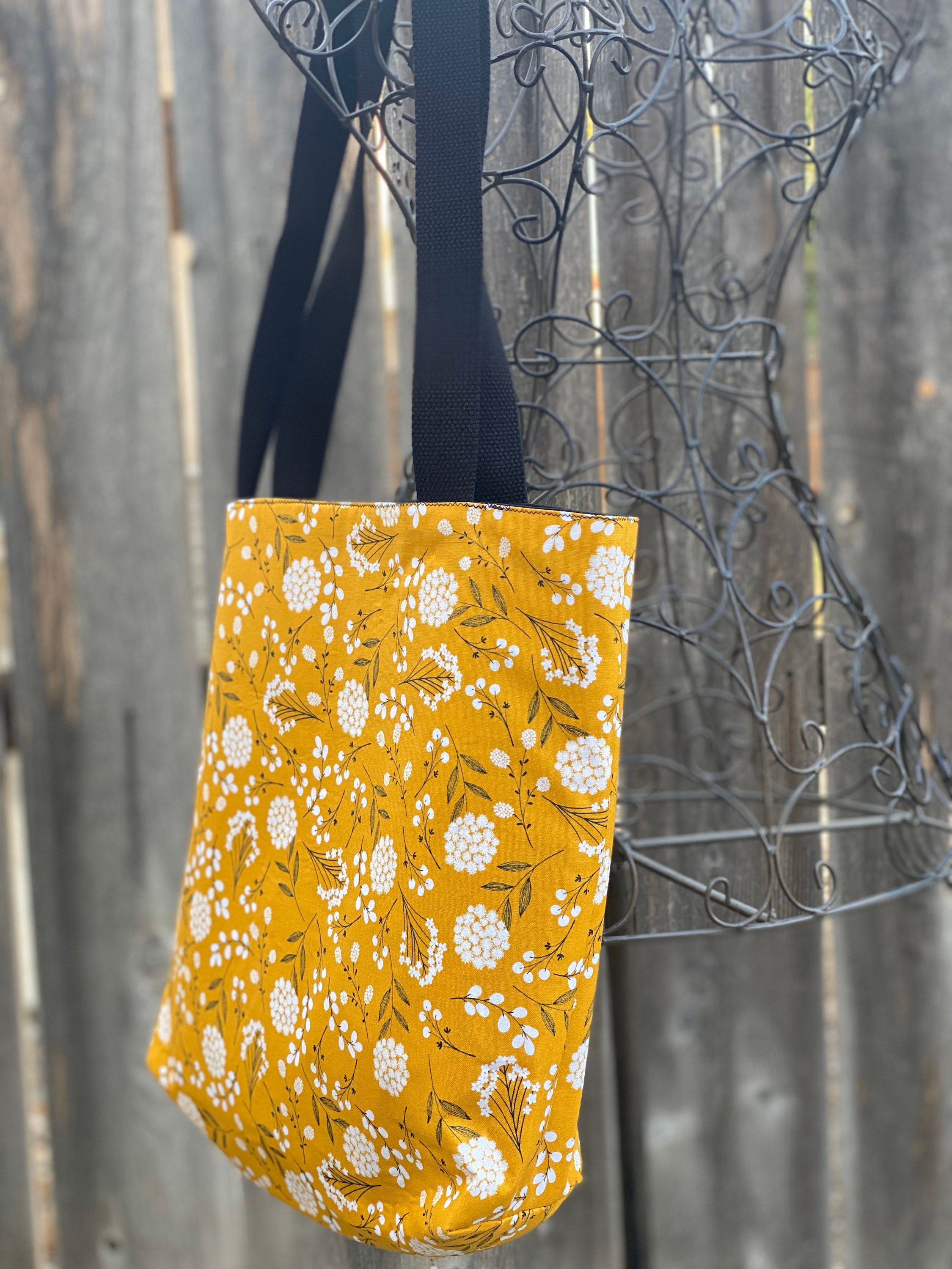 Large fabric tote with shoulder straps, Lined Yellow floral tote bag, Open top shoulder bag ...