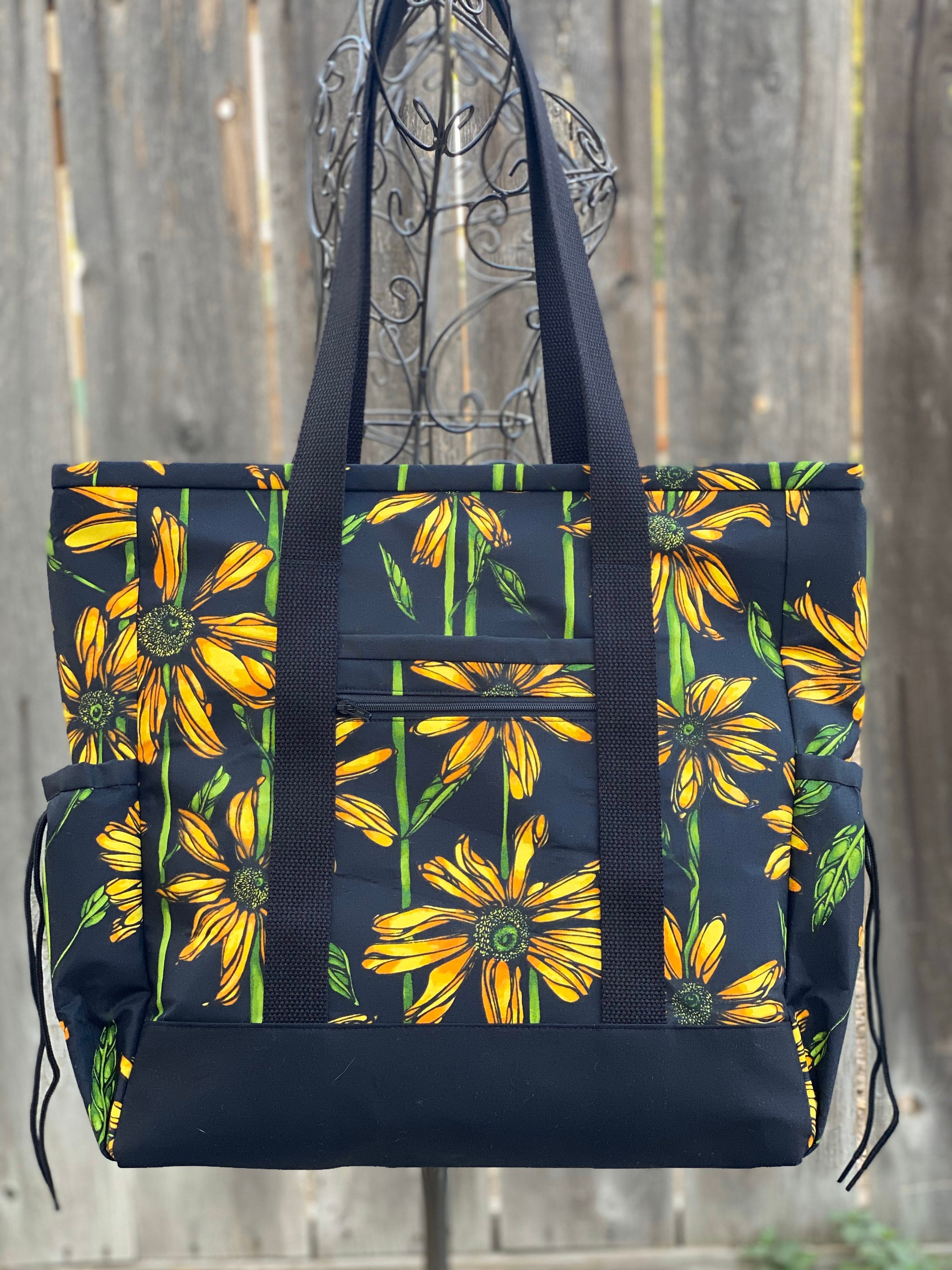 Large Teacher Tote Bag, Sunflower Zippered Nurse Tote Bag with Pockets