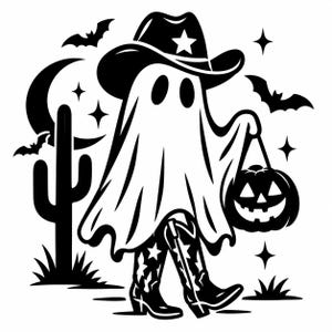 Könnte beinhalten: Eine schwarz-weiße grafische Illustration eines Geistes, der einen Cowboyhut und Stiefel mit Sternenmuster trägt. Der Geist hält einen Kürbiseimer. Die Szene zeigt eine Mondsichel, einen Saguaro-Kaktus und fliegende Fledermäuse im Hintergrund.