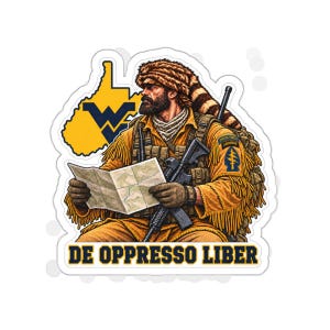 May include: A sticker featuring a bearded individual in a tan fringed jacket and coonskin cap, holding a map and rifle. Behind them is a yellow West Virginia map outline with a blue WV logo. The text DE OPPRESSO LIBER is printed at the bottom.