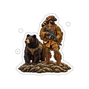 Mountaineer and Bear Illustration Die-Cut Sticker | Tactical Ranger, Wilderness Patch Style