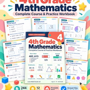 Puede incluir: Un libro de ejercicios completo de matemáticas de 4º grado con 244 páginas, 12 unidades y formato PDF imprimible. La portada muestra problemas matemáticos que incluyen valor posicional, fracciones, decimales, multiplicación y división.
