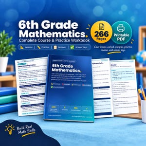 May include: A 6th Grade Mathematics complete course and practice workbook with 266 pages in a printable PDF format. The blue cover features unit details, while open pages display lessons on ratios, rates, percentages, and review questions.