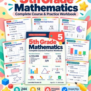 May include: A 5th Grade Mathematics Complete Course & Practice Workbook featuring 244 pages and 12 units. The cover displays math problems including place value, fractions, and geometry. The workbook is surrounded by sample pages and icons.
