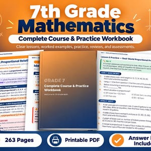Puede incluir: Un libro de ejercicios completo de matemáticas de 7º grado con una portada degradada. El libro incluye lecciones, ejemplos resueltos, prácticas, repasos y evaluaciones. Contiene 263 páginas, es un PDF imprimible e incluye las claves de respuestas.