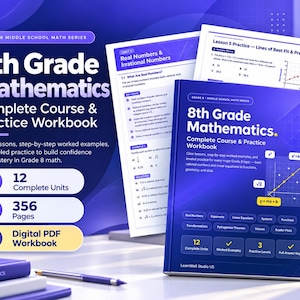 May include: An 8th Grade Mathematics Complete Course & Practice Workbook with a blue cover featuring a coordinate plane graph, math formulas, and text detailing 12 units, 356 pages, and digital PDF format, displayed alongside open workbook pages.